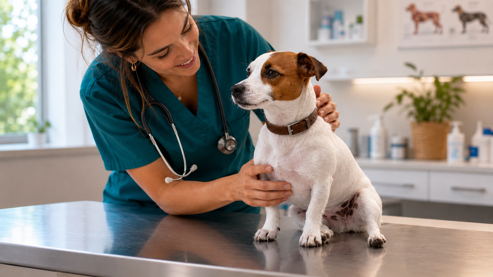 Veterinaria atendiendo a un perro en consulta